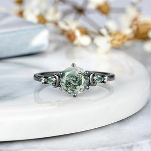 Dainty Round Nature Moss Agate Black Gold Sailor Moon Ring Set Engagement Ring For Women - anerjuly