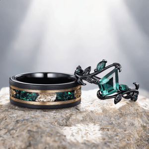 Emerald Matching Wedding Band Emerald And Emerald Engagement Couples Ring - anerjuly