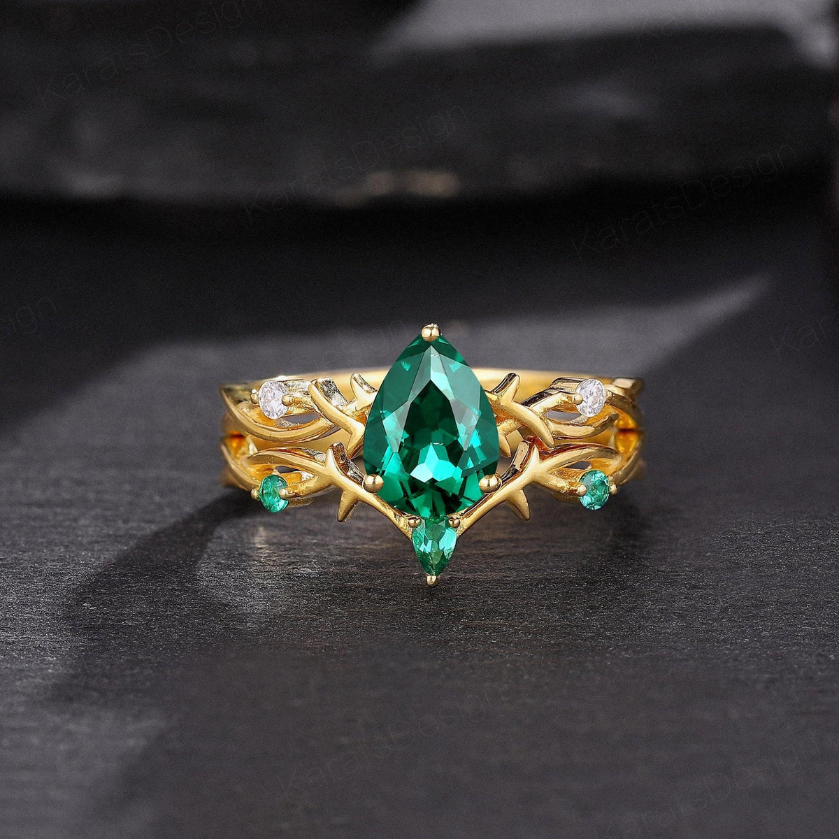 Emerald Twig Engagement Ring Set Pear Emerald and Diamond Vine Wedding Ring Set - anerjuly