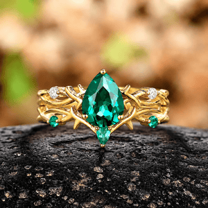 Emerald Twig Engagement Ring Set Pear Emerald and Diamond Vine Wedding Ring Set - anerjuly
