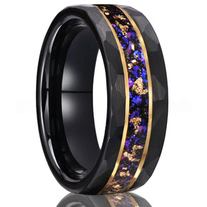 Faceted Black Tungsten Ring with Purple Galaxy & Gold Foil Inlay - anerjuly