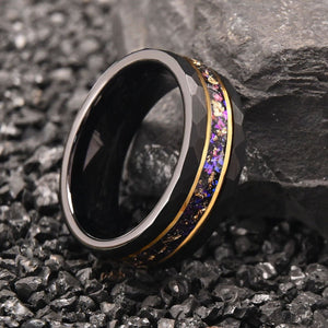 Faceted Black Tungsten Ring with Purple Galaxy & Gold Foil Inlay - anerjuly