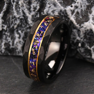 Faceted Black Tungsten Ring with Purple Galaxy & Gold Foil Inlay - anerjuly