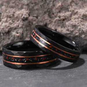 Faceted Black Tungsten Ring with Rose Gold Grooves & Red Meteorite Inlay - anerjuly