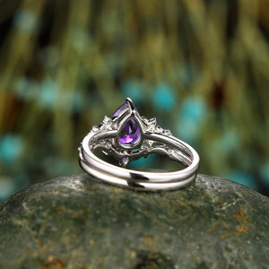 Floral amethyst couple ring sets leaf engagement rings his and hers wedding band ring - anerjuly