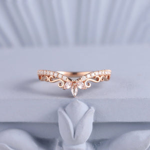 Floral Scroll Marquise White Zircon Curved Wedding Band - anerjuly