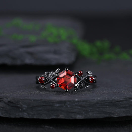 Garnet Couples Ring Set Pear Garnet Engagement Ring Set Black Gold Couple Rings Red Tungsten Wedding Band Bridal Promise Ring for Her - anerjuly