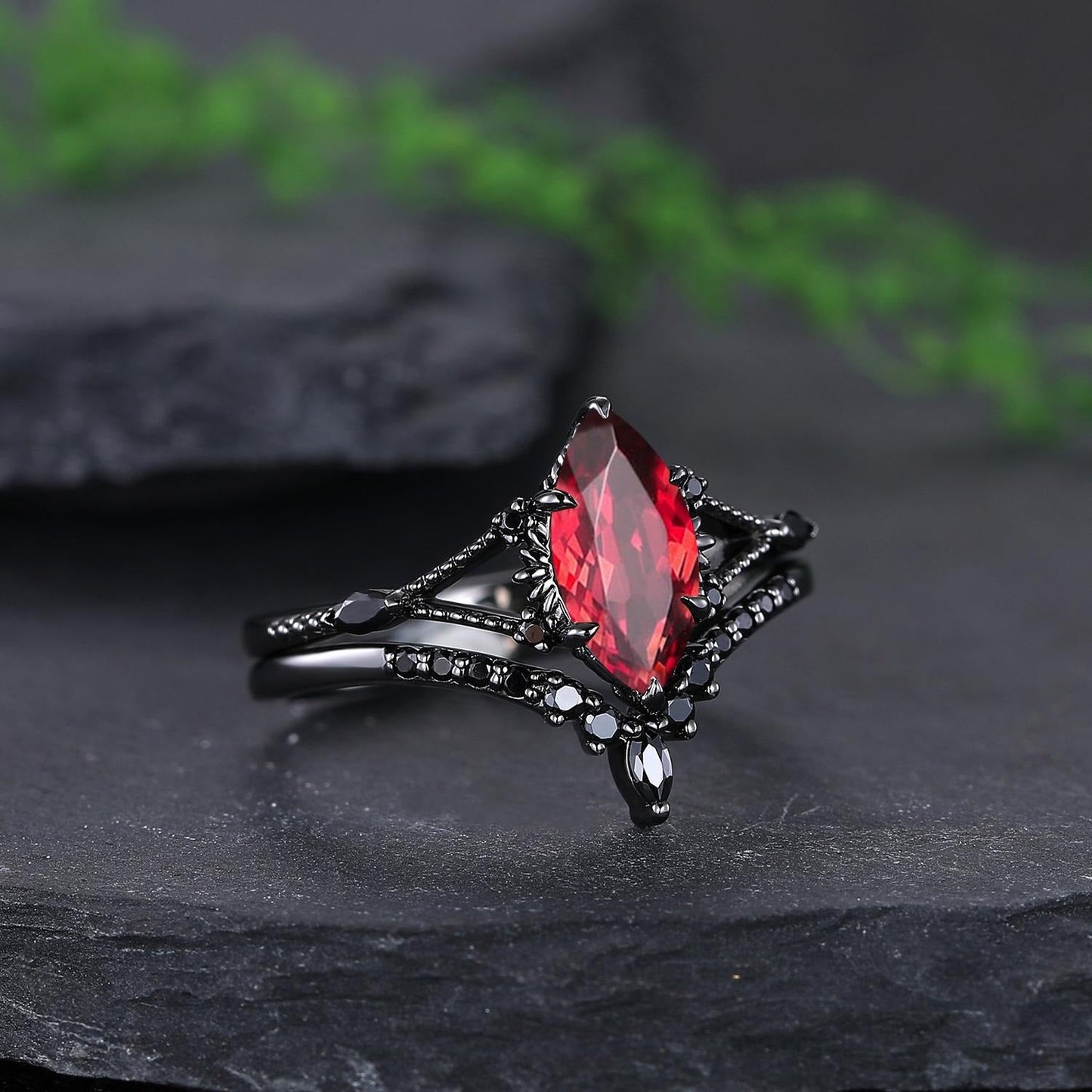 Garnet Couples Ring Set Pear Garnet Engagement Ring Set Gothic Black Gold Couple Rings Red Tungsten Wedding Band Bridal Promise Ring for Her - anerjuly