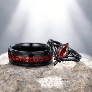Garnet Couples Ring Set Pear Garnet Engagement Ring Set Gothic Black Gold Couple Rings Red Tungsten Wedding Band Bridal Promise Ring for Her - anerjuly