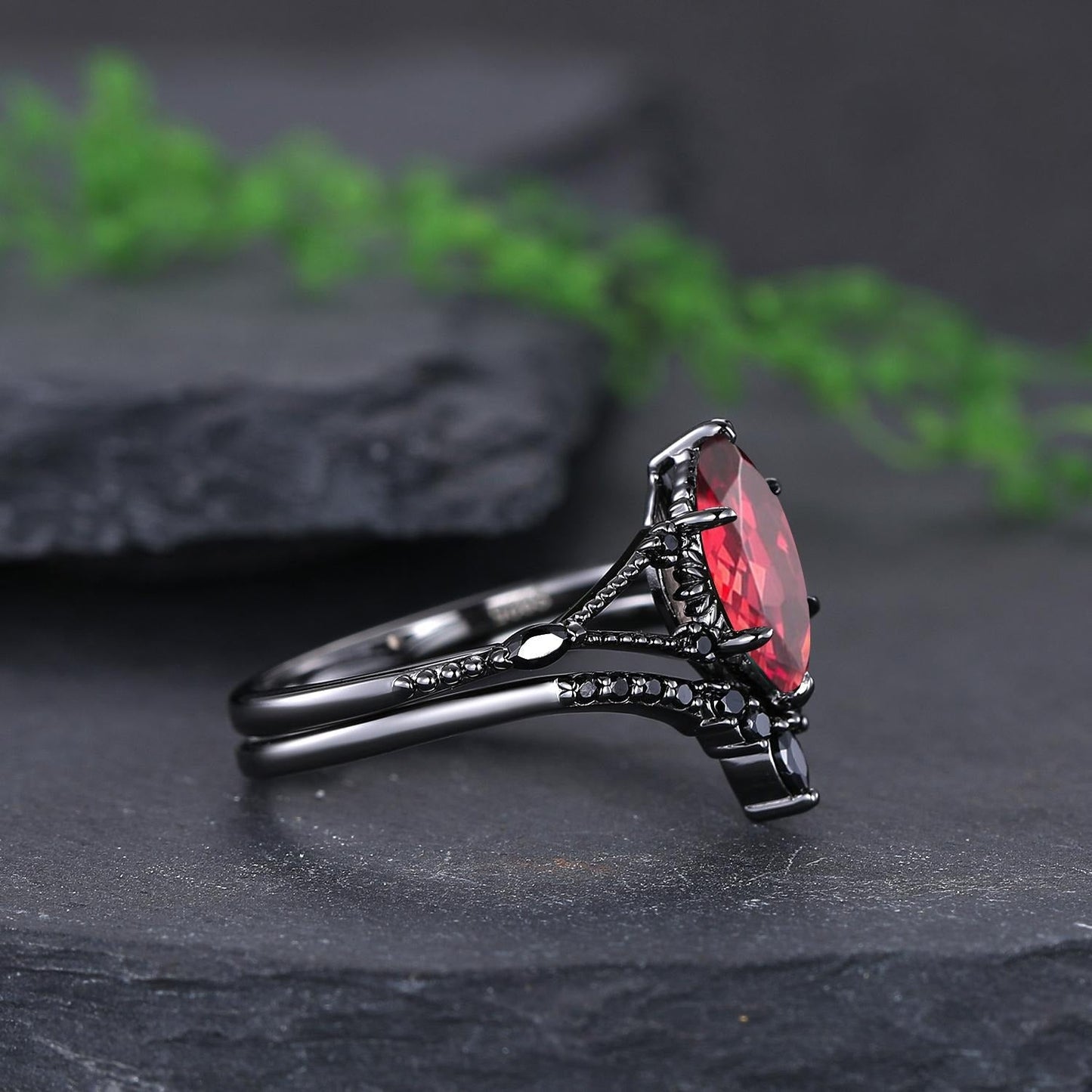 Garnet Couples Ring Set Pear Garnet Engagement Ring Set Gothic Black Gold Couple Rings Red Tungsten Wedding Band Bridal Promise Ring for Her - anerjuly