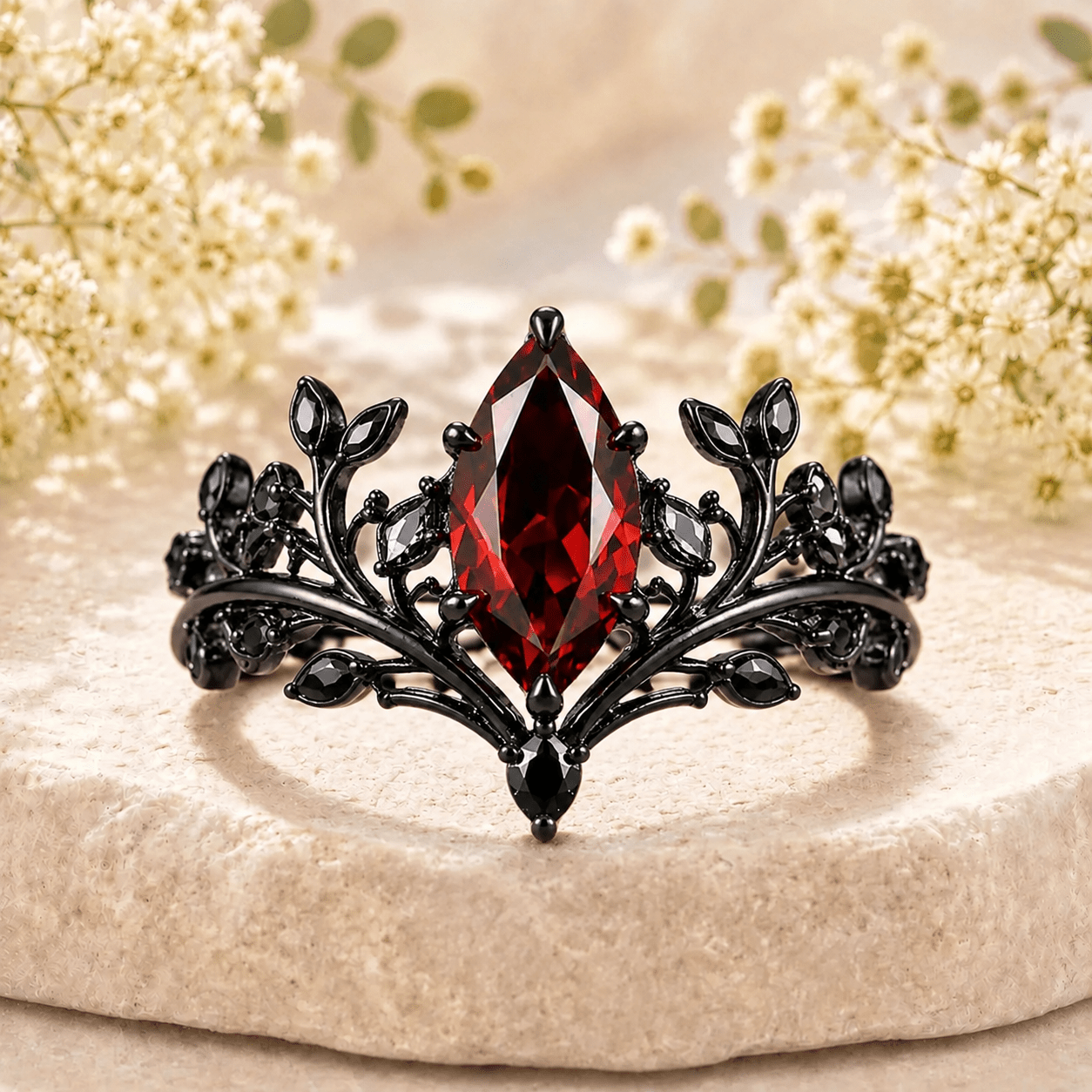 Garnet Couples Ring Set Pear Garnet Engagement Ring Set Gothic Black Gold Couple Rings Red Tungsten Wedding Band Bridal Promise Ring for Her - anerjuly