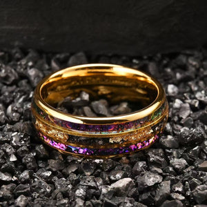 Gold Tungsten Ring with Purple Nebula & Gold Foil Inlay - anerjuly