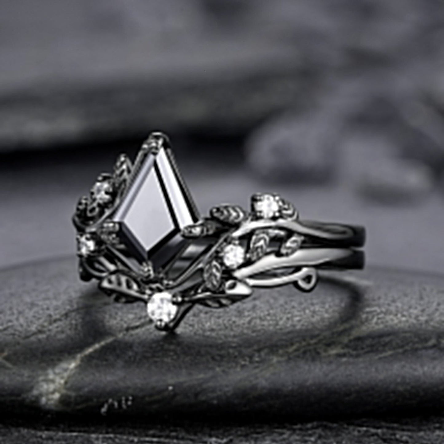 Gothic Black Gold Kite Cut Black Onyx Leaf Engagement Ring, Nature Inspired Twig Branch Promise Ring, Black Rhodium Wedding Ring Gift - anerjuly