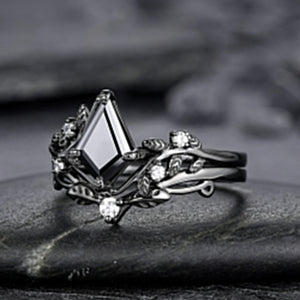 Gothic Black Gold Kite Cut Black Onyx Leaf Engagement Ring, Nature Inspired Twig Branch Promise Ring, Black Rhodium Wedding Ring Gift - anerjuly