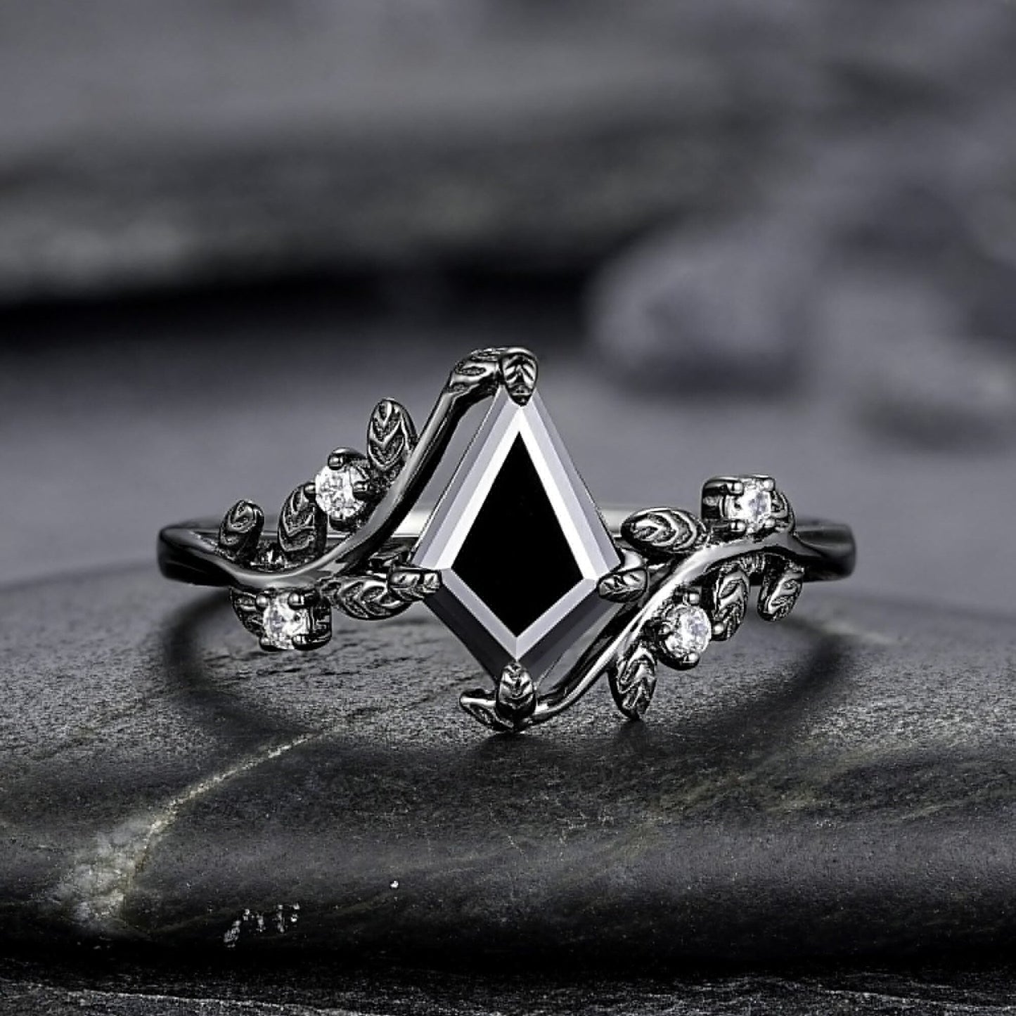 Gothic Black Gold Kite Cut Black Onyx Leaf Engagement Ring, Nature Inspired Twig Branch Promise Ring, Black Rhodium Wedding Ring Gift - anerjuly