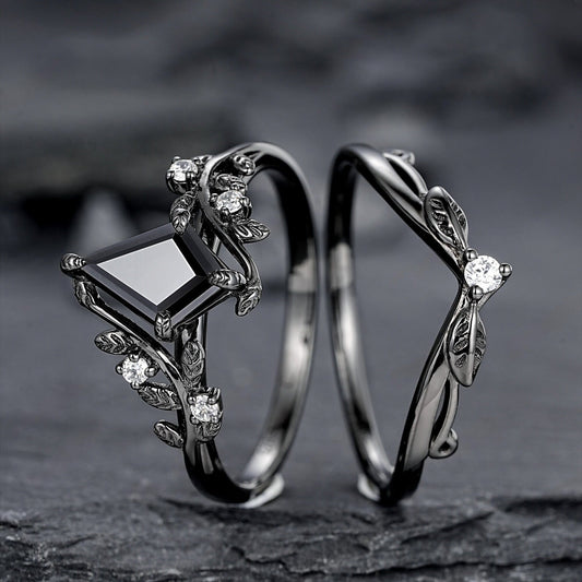 Gothic Black Gold Kite Cut Black Onyx Leaf Engagement Ring, Nature Inspired Twig Branch Promise Ring, Black Rhodium Wedding Ring Gift - anerjuly