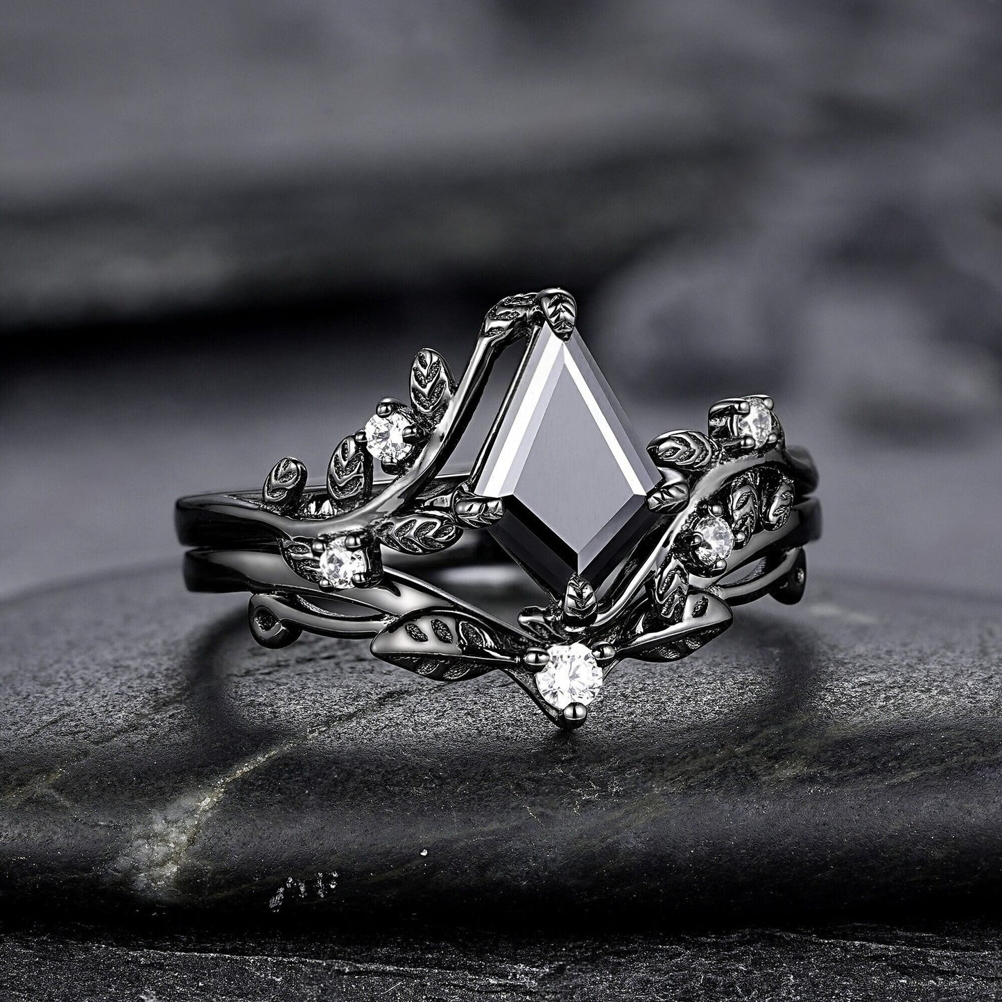 Gothic Black Gold Kite Cut Black Onyx Leaf Engagement Ring, Nature Inspired Twig Branch Promise Ring, Black Rhodium Wedding Ring Gift - anerjuly