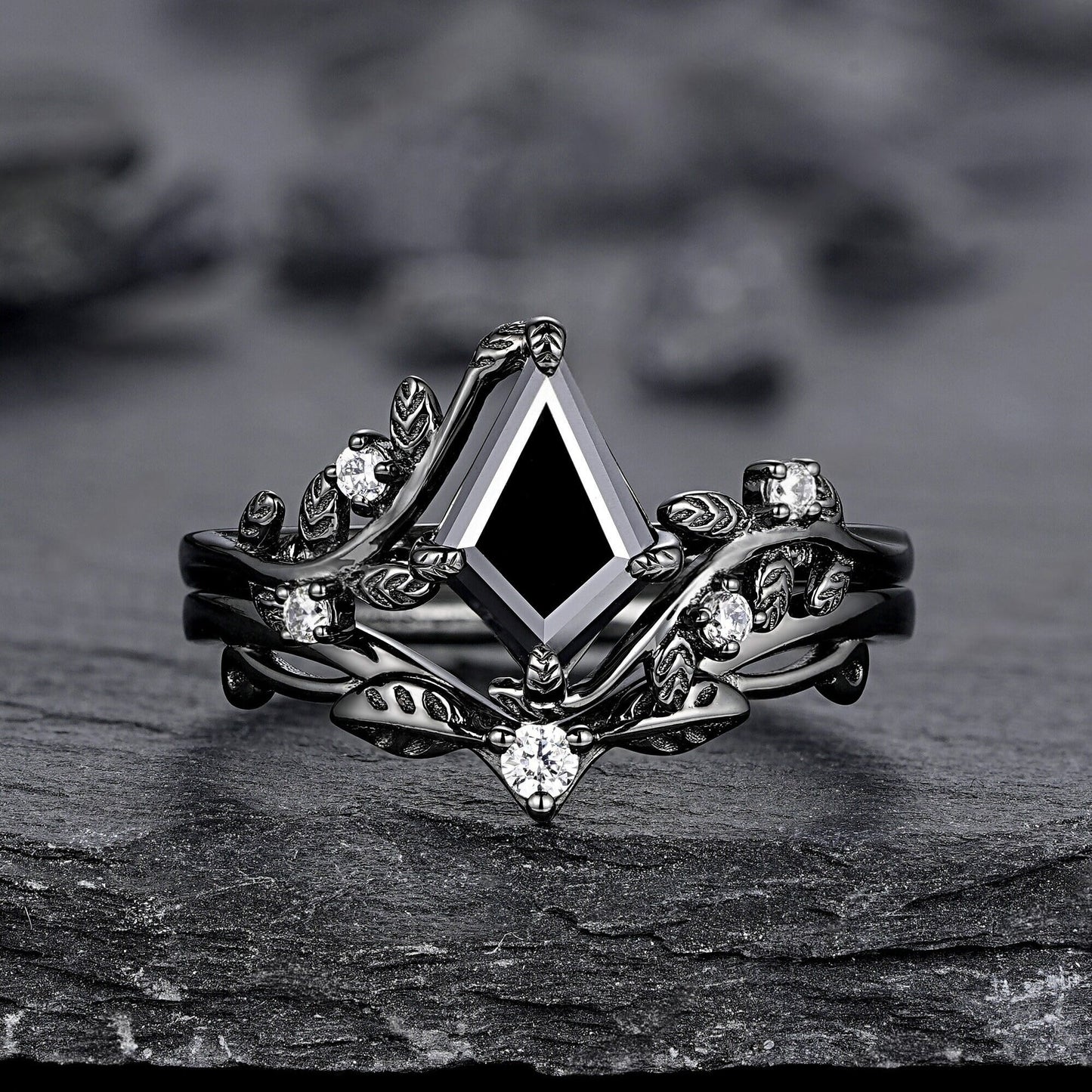 Gothic Black Gold Kite Cut Black Onyx Leaf Engagement Ring, Nature Inspired Twig Branch Promise Ring, Black Rhodium Wedding Ring Gift - anerjuly