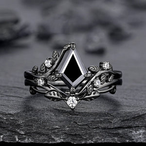 Gothic Black Gold Kite Cut Black Onyx Leaf Engagement Ring, Nature Inspired Twig Branch Promise Ring, Black Rhodium Wedding Ring Gift - anerjuly