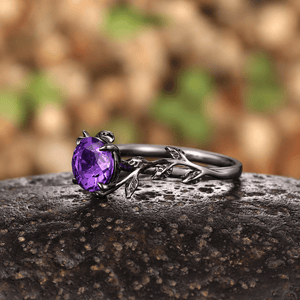 Gothic Black Gold Twisted Vine Round Amethyst Engagement Ring - anerjuly