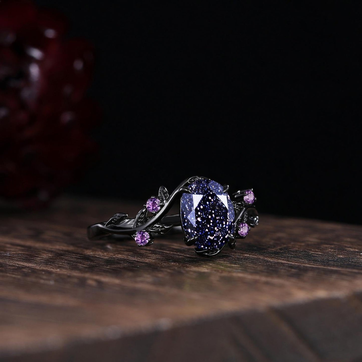 Gothic Blue Sandstone Couple Rings His&Her Matching Wedding Band Amethyst Engagement Ring Unique Black Gold Art Deco Twig Vine Leaf Ring - anerjuly