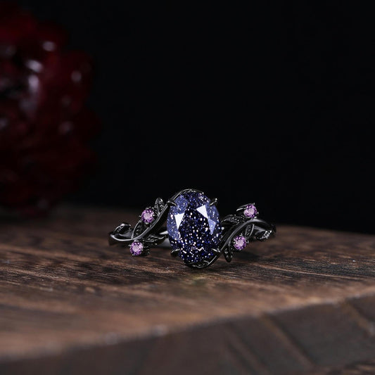 Gothic Blue Sandstone Couple Rings His&Her Matching Wedding Band Amethyst Engagement Ring Unique Black Gold Art Deco Twig Vine Leaf Ring - anerjuly