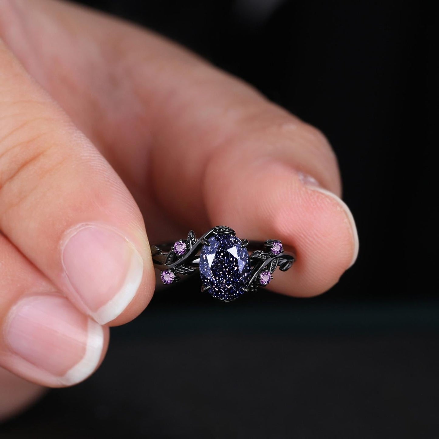 Gothic Blue Sandstone Couple Rings His&Her Matching Wedding Band Amethyst Engagement Ring Unique Black Gold Art Deco Twig Vine Leaf Ring - anerjuly