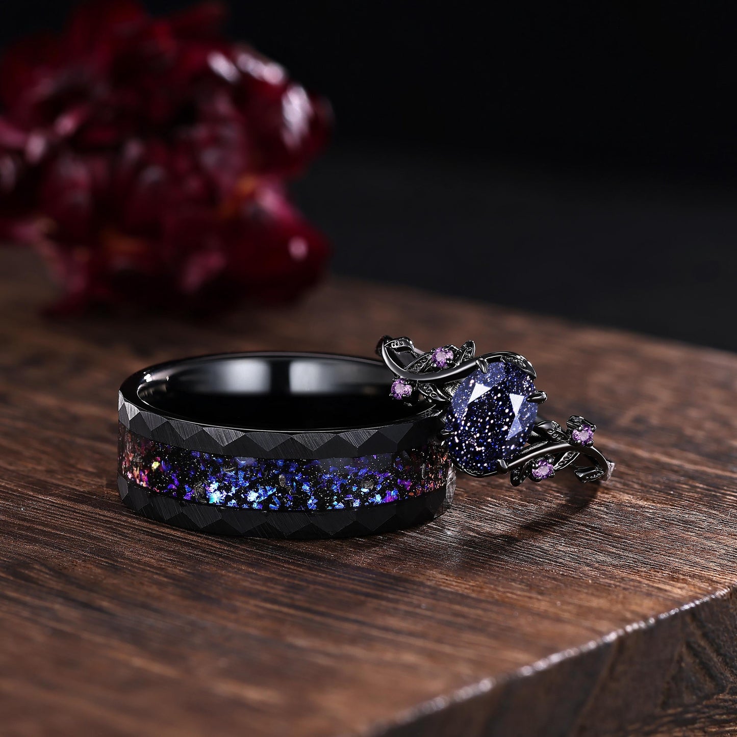 Gothic Blue Sandstone Couple Rings His&Her Matching Wedding Band Amethyst Engagement Ring Unique Black Gold Art Deco Twig Vine Leaf Ring - anerjuly