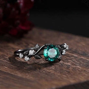 Gothic Leaf Emerald & Tungsten Couple Ring Set - anerjuly