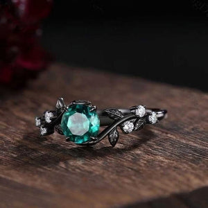 Gothic Leaf Emerald & Tungsten Couple Ring Set - anerjuly
