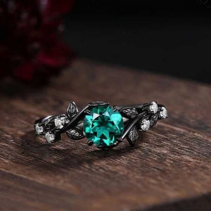 Gothic Leaf Emerald & Tungsten Couple Ring Set - anerjuly