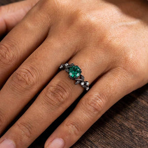 Gothic Leaf Emerald & Tungsten Couple Ring Set - anerjuly