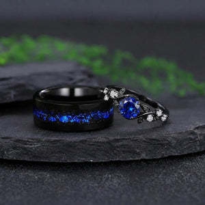 Gothic Leaf Sapphire & Tungsten Couple Ring Set - anerjuly