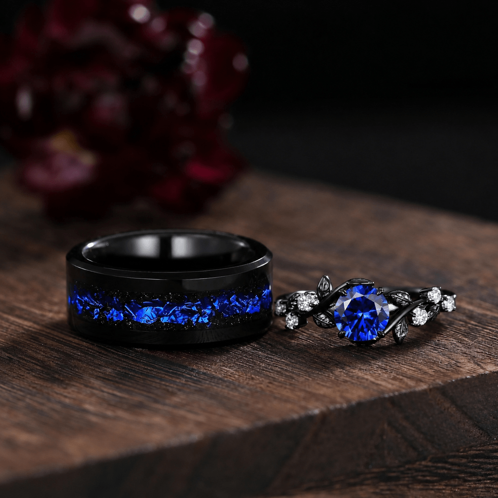 Gothic Leaf Sapphire & Tungsten Couple Ring Set - anerjuly