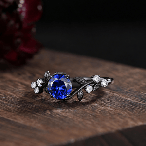 Gothic Leaf Sapphire & Tungsten Couple Ring Set - anerjuly