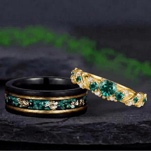 Green Emerald and Tungsten Couple Ring Set - anerjuly