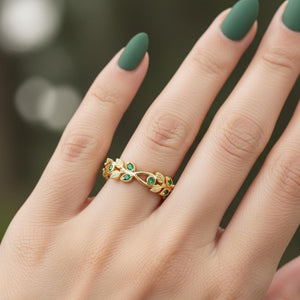Green Emerald Engagement Ring Antique Milgrain Wedding Ring Leaf Inspired Filigree Ring - anerjuly