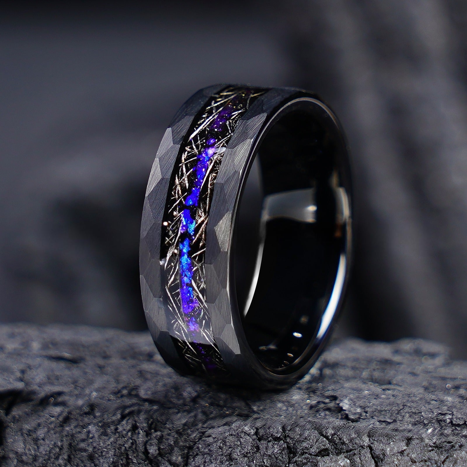 Hammered Black Tungsten Band with Starry Meteorite & Crushed Opal Inlay - anerjuly