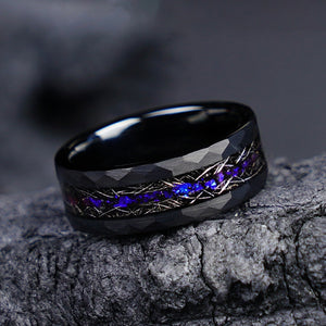 Hammered Black Tungsten Band with Starry Meteorite & Crushed Opal Inlay - anerjuly