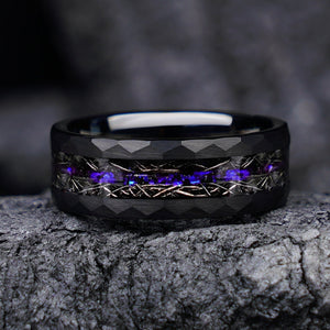 Hammered Black Tungsten Band with Starry Meteorite & Crushed Opal Inlay - anerjuly