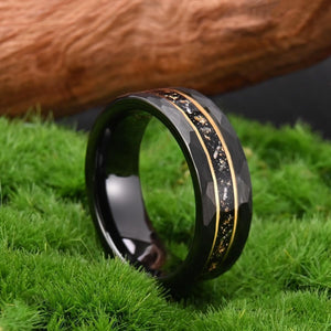His Ring - Hammered Black Tungsten Ring with Gold Foil & Crushed Stone Inlay