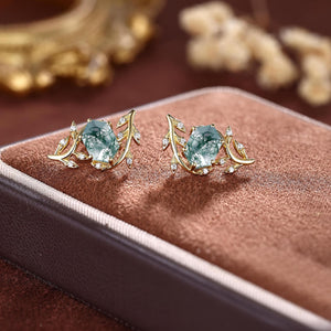 Handmade Moss Agate Everyday Vine Leaf Nature Inspired Onyx Studs Earrings - anerjuly