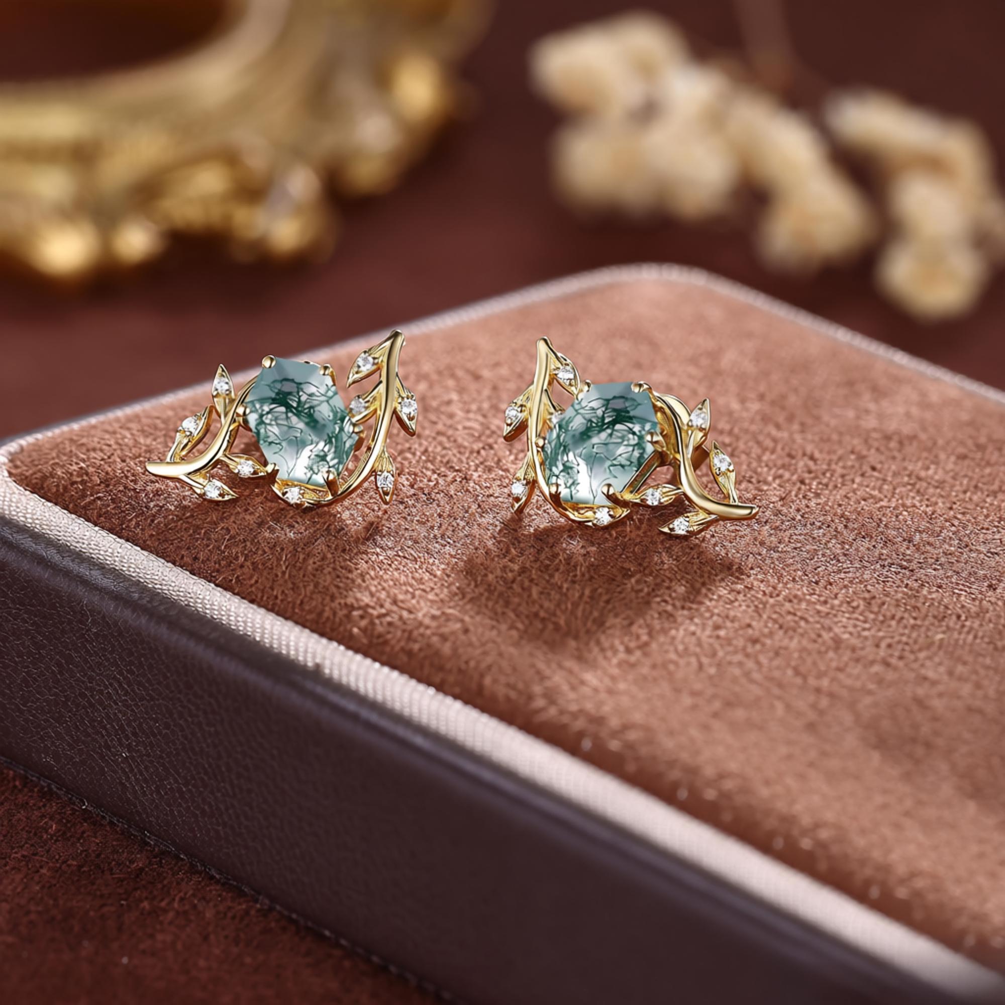 Handmade Moss Agate Everyday Vine Leaf Nature Inspired Onyx Studs Earrings - anerjuly