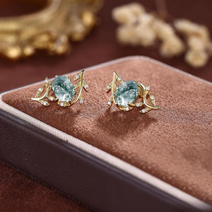 Handmade Moss Agate Everyday Vine Leaf Nature Inspired Onyx Studs Earrings - anerjuly