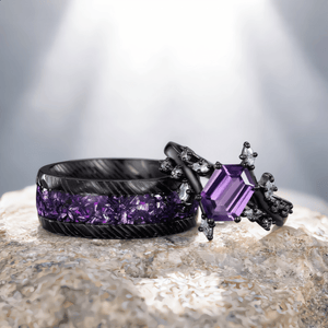 hexagon amethyst couple ring set tungsten ring his and hers wedding band promise ring - anerjuly