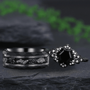Hexagon Cut Black Rutilated Quartz Couple Ring Set His and Her Vintage Ring for Men and Women Ring - anerjuly