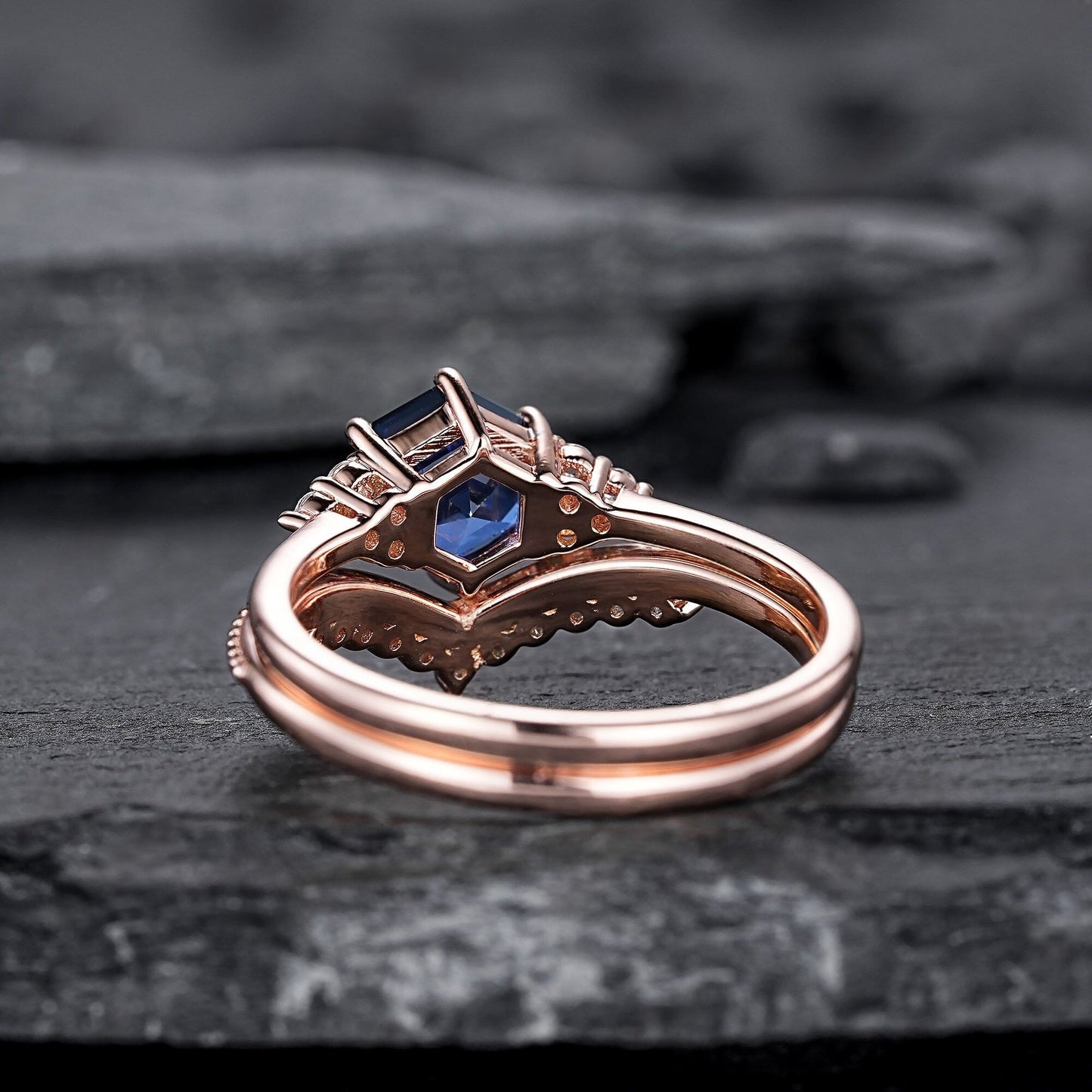 Hexagon Cut Blue Sapphire Engagement Ring Set, Unique Rose Gold Chevron Bridal Set, Curved Promise Wedding Ring Set for Women - anerjuly