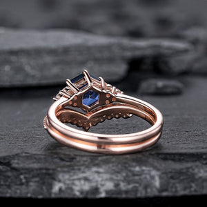 Hexagon Cut Blue Sapphire Engagement Ring Set, Unique Rose Gold Chevron Bridal Set, Curved Promise Wedding Ring Set for Women - anerjuly