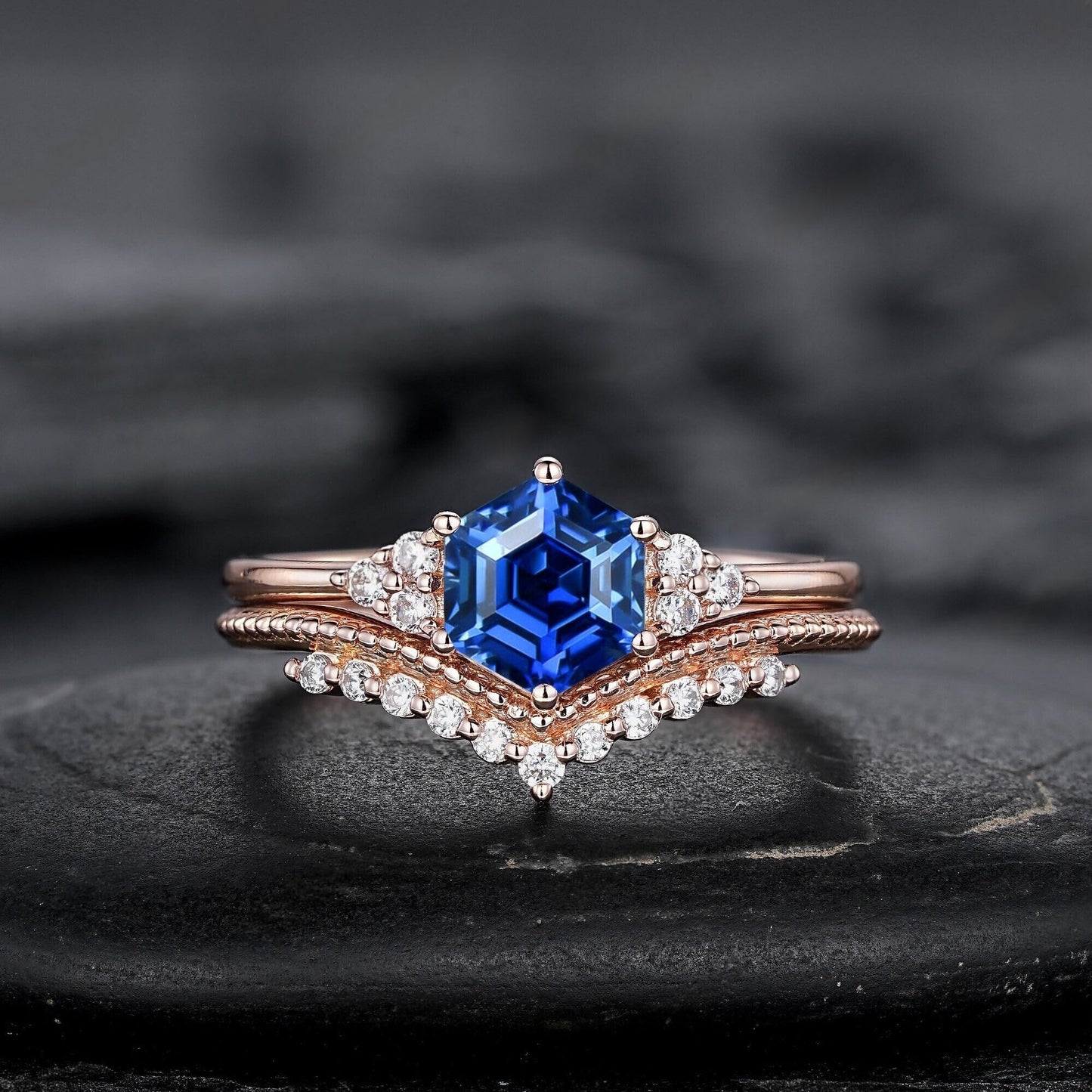 Hexagon Cut Blue Sapphire Engagement Ring Set, Unique Rose Gold Chevron Bridal Set, Curved Promise Wedding Ring Set for Women - anerjuly