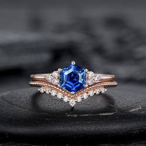 Hexagon Cut Blue Sapphire Engagement Ring Set, Unique Rose Gold Chevron Bridal Set, Curved Promise Wedding Ring Set for Women - anerjuly